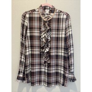 Chico’s Women’s Ruffle Neck Long Sleeve Blouse Brown Pink White Size 1 (8/10)